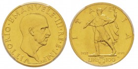 Vittorio Emanuele III 1900-1943
100 Lire Littore del II tipo, Roma, 1937, anno XVI, AU 5.19 g.
Ref : MIR 1120a (R3), Pag. 651, Fr.36
Conservation : PC...