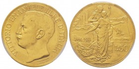 Vittorio Emanuele III 1900-1943
50 Lire, Roma, 1911 R, AU 16.13 g.
Ref : MIR 1122a Pag. 656, Fr. 25
Conservation : PCGS MS63