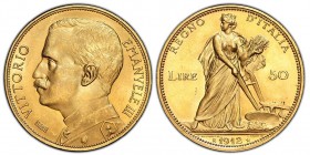 Vittorio Emanuele III 1900-1943
50 lire, Roma, 1912 R, AU 16.13 g.
Ref : MIR 1121b, Pag. 653, Fr. 27 
Conservation : PCGS MS64+