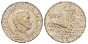 Vittorio Emanuele III 1900-1943
2 Lire Quadriga Veloce, Roma, 1910, AG 10 g.
Ref : MIR 1140b, Pag. 733
Conservation : PCGS MS61. Rare