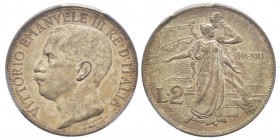 Vittorio Emanuele III 1900-1943
2 Lire Cinquantenario, Roma, 1911, AG 10 g.
Ref : MIR 1141a, Pag. 736
Conservation : PCGS AU58. Superbe