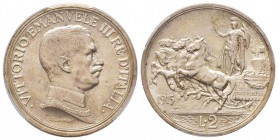 Vittorio Emanuele III 1900-1943
2 Lire Quadriga briosa, Roma, 1915, AG 10 g.
Ref : MIR 1142b, Pag. 738
Conservation : PCGS MS64. FDC