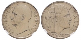 Vittorio Emanuele III 1900-1943
20 Centesimi Impero, Roma, 1938, Nickel
Ref : MIR 1155l (R4), Pag. 855
Conservation : NGC MS65. Le plus bel exemplaire...