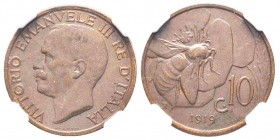 Vittorio Emanuele III 1900-1943
10 Centesimi Ape, Roma, 1919, Cu 5.4 g.
Ref : MIR 1158a (R), Pag. 864
Conservation : NGC MS63 BN
