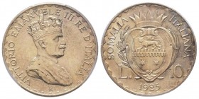 Vittorio Emanuele III 1900-1943 SOMALIA ITALIANA 1909-1925
10 Lire, Roma, 1925, AG 12 g. 
Ref : MIR 1181 (R), Pag. 689
Conservation : PCGS MS62. Super...