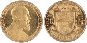 LIECHTENSTEIN 
Franz I 1929-1938
20 Francs, 1930, AU 6.45 g. 900‰
Ref : Fr.15 , Y#12
Conservation : PCGS MS67. Le plus bel exemplaire connu.
Quantité ...