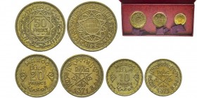 MAROC, Morocco
Mohammed V (Al-Alaoui) AH 1346-1381 (1927-1962)
Coffret de trois essais de 10, 20 et 50 francs, Paris, AH 1371 (1952) , Bronze-Aluminiu...