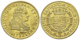 Mexico
Felipe V 1700-1746
8 Escudos, 1736, AU 26.93 g.
Ref : Cal. 128, Cal. Onza 429, Fr.8 Conservation : presque FDC