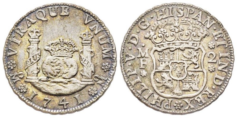 Mexico
Felipe V 1700-1746
2 Reales, 1741 MF, AG 6.79 g. 
Ref : Cal. 1291, KM#84
...