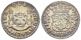 Mexico
Felipe V 1700-1746
2 Reales, 1747 M.M, AG 6.74 g. Ref : Cal. 1300, KM#86.1 Conservation : Superbe