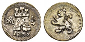Mexico Fernando VII 1808-1823 1/4 Real, Mexico City, 1809 Mo, AG 0.81 g.
Ref : Cal. 1466, KM#63
Conservation : Superbe