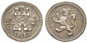Mexico Fernando VII 1808-1823 1/4 Real, Mexico City, 1813-Mo, AG 0.8 g.
Ref : Cal. 1470, KM#62
Conservation : Superbe