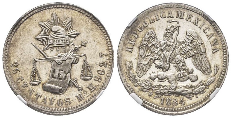 Mexico 
Republique
25 Centavos, 1884 MO, AG 6.77 g.
Ref : KM#406 
Conservation :...