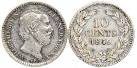 Netherlands Willem III 1849-1890
10 Cents, 1859, AG 1.4 g. 
Ref : KM#80, Sch. 645
Conservation : NGC AU55