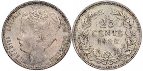 Netherlands Wilhelmina 1890-1948 25 Cents, 1898, AG 3.57 g.
Ref : Sch-853, KM#120
Conservation : NGC MS63
