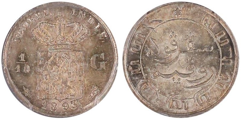 Netherlands East Indies
1/10 Gulden, Utrecht, 1893, AG 
Ref : KM-304.2
Conservat...