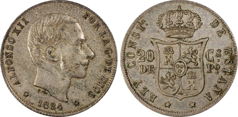 PHILIPPINES
Alfonso XII 1874-1885
20 Centimos de Peso, 1884, AG 5.19 g.
Ref :...