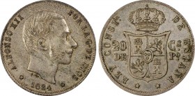 PHILIPPINES
Alfonso XII 1874-1885
20 Centimos de Peso, 1884, AG 5.19 g.
Ref : KM#149, Cal.110
Conservation : PCGS AU58. Rare