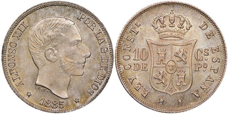 PHILIPPINES
Alfonso XII 1874-1885
10 Céntimos de Peso, 1885, AG 2.5 g.
Ref : KM#...