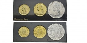 REUNION
Série de 5, 10 et 20 francs ESSAI, Paris, 1955, AE-Al
Ref : Lec.111 - KM#E5, E6, E7
Conservation : FDC. Dans coffret d'origine