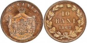 Romania Carol I 1866-1914
10 Bani, Birmingham, 1867, Cu 10.04 g.
Ref : Stambuliu 4a
Conservation : NGC MS66 RD