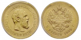 Alexandre III 1881-1894
5 Roubles, 1889 AГ, AU 6.45 g.
Ref : Fr.168, Y#42
Conservation : PCGS MS62