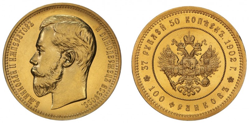 Nicolas II 1894-1917
37.5 Roubles - 100 Francs 1902, St. Petersburg, AU 32.25 g...