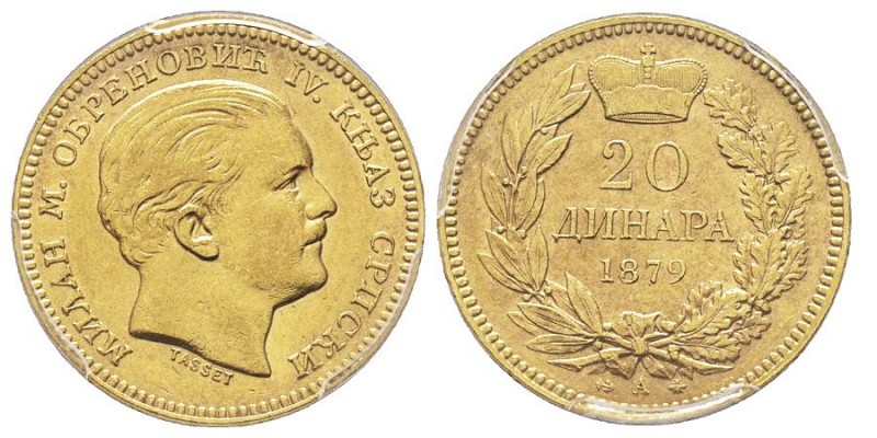 Serbia
20 Dinars, 1879 A, AU 6.45 g. 900‰
Ref : Fr. 3, KM#14
Conservation : PCGS...