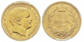 Serbia
20 Dinars, 1879 A, AU 6.45 g. 900‰
Ref : Fr. 3, KM#14
Conservation : PCGS MS62
