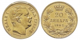 Serbia 20 Dinara, 1882 V, AU 6.45 g. 900‰
Ref : Fr. 4, KM#17
Conservation : PCGS MS62