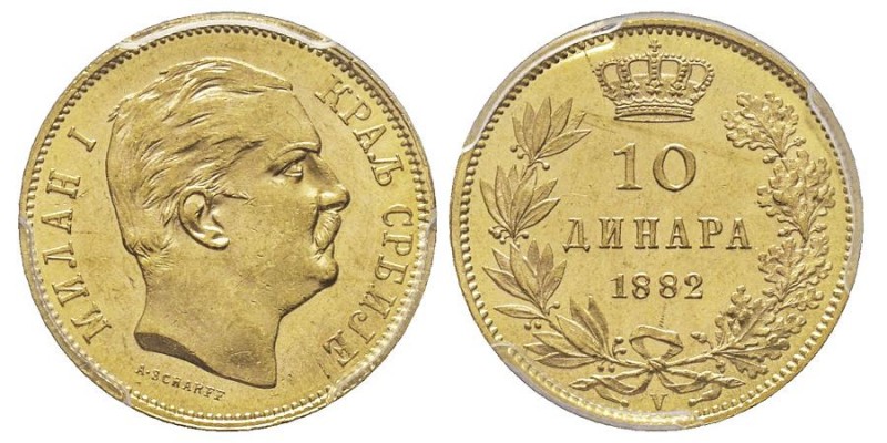 Serbia 10 Dinara, 1882 V, AU 3.22 g.
Ref : Fr. 5, KM#16
Conservation : PCGS MS63