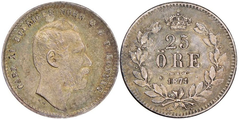 Sweden Karol XV 1859-1872 
25 Ore, 1871 (71/61) ST, AG 2.13 g.
Ref : KM# 712
Con...