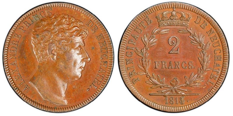 Switzerland
Alexandre Bertier 1806-1814
2 Francs, Neuchatel, 1814, AE 9.05 g.
Re...