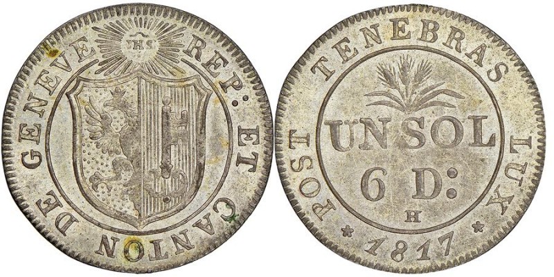 Canton de Genève
1 Sol, 6 Deniers, 1817 H, Billon 1.16 g.
Ref : KM#117, HMZ 2-36...