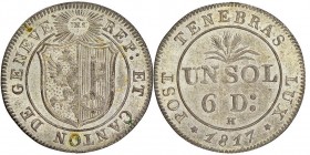 Canton de Genève
1 Sol, 6 Deniers, 1817 H, Billon 1.16 g.
Ref : KM#117, HMZ 2-360a
Conservation : NGC MS63