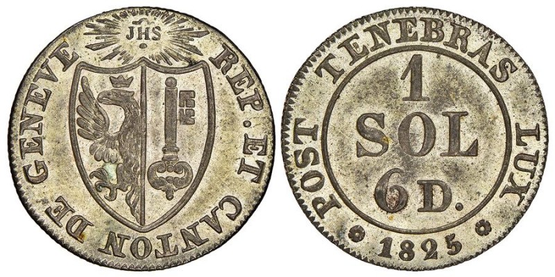 Canton de Genève 1 Sol, 6 Deniers, 1825, Billon 1.16 g.
Ref : KM#121, HMZ 2-358b...