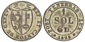 Canton de Genève 1 Sol, 6 Deniers, 1825, Billon 1.16 g.
Ref : KM#121, HMZ 2-358b 
Conservation : NGC MS64