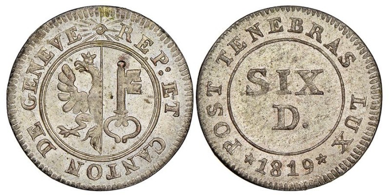 Canton de Genève 6 Deniers, 1819, Billon 0.85 g.
Ref : KM# 118, HMZ 2-360 
Conse...
