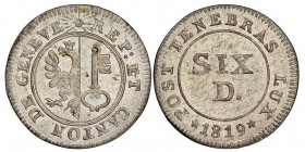 Canton de Genève 6 Deniers, 1819, Billon 0.85 g.
Ref : KM# 118, HMZ 2-360 
Conservation : NGC MS64