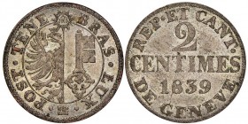 Canton de Genève 2 Centimes, 1839, Billon 1.3 g.
Ref : KM# 126, HMZ 2-369a 
Conservation : NGC MS64