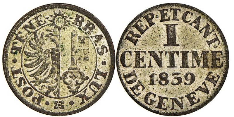 Canton de Genève 1 Centime, 1839, Billon 0.7 g.
Ref : KM# 125, HMZ# 2-370a 
Cons...
