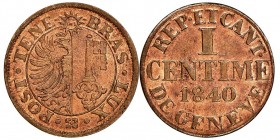 Canton de Genève 1 Centime, 1840, AE 0.7 g.
Ref : KM# 125, HMZ# 2-370a 
Conservation : NGC MS64 RB
