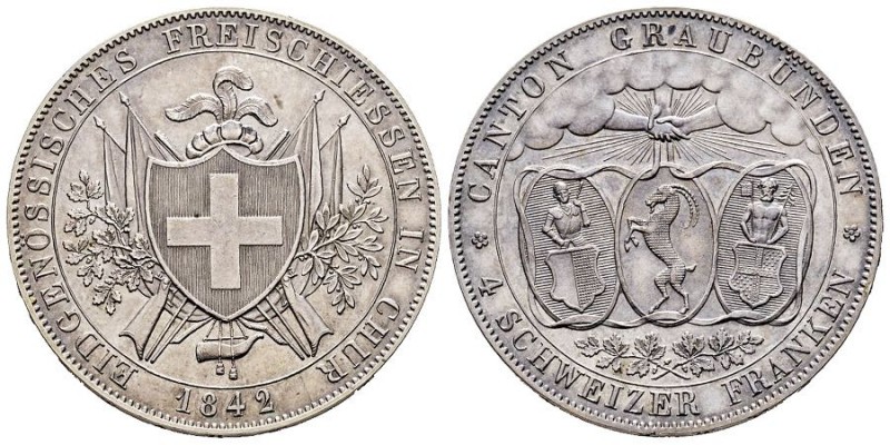 Canton de Grisons 
40 franken, Chur, 1842, Tir Fédéral, AG 28.25 g.
Ref : HMZ.13...