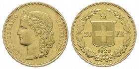 Confédération helvétique 1848- à nos jours
20 Francs, Bern, 1889 B, AU. 6.45 g.
Ref : HMZ 2-1194e, ; KM 31.3
Tranche: DOMINUS XXX PROVIDEBIT XXXXXXXXX...
