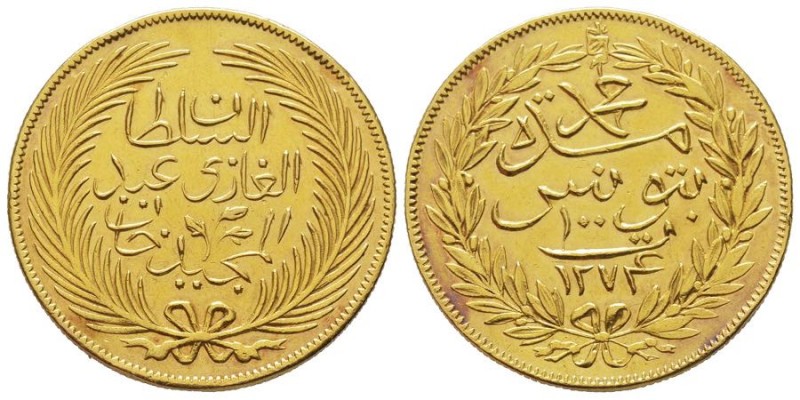 Tunisia
Mohamed Bey 1855-1859
100 Piastres, 1274 AH (1857/1858) AU 19.46 g.
Ref ...