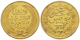 Tunisia
Mohamed Bey 1855-1859
100 Piastres, 1274 AH (1857/1858) AU 19.46 g.
Ref : Fr. 1, KM#130
Conservation : coups sinon Superbe. Rare