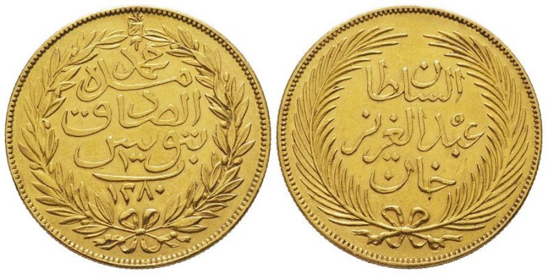 Tunisia
Mohamed Bey 1855-1859 
100 Piastres, 1280 AH (1863/1864), AU 19.52 g.
Re...