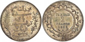 Tunisia Muhammad al-Nasir protectorat français 1325-1340 (1907-1921) 
2 Francs, AH 1334/ 1915 A, AG 10 g. 835‰
Ref : KM#239, Lec 278
Conservation : NG...