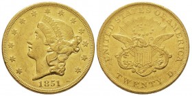 USA
20 Dollars, Philadelphie, 1851, AU 33.3 g.
Ref : Fr. 169, KM#74.1 Conservation : NGC AU55