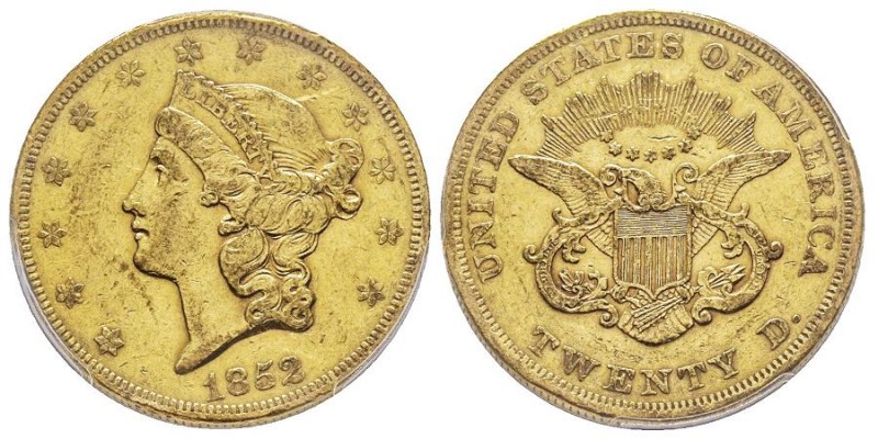 USA
20 Dollars, Philadelphia, 1852, AU 33.43g. 
Ref : KM#74.1, Fr.169 
Conservat...